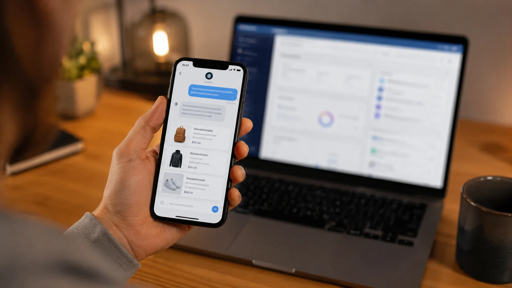 Person får produktanbefalinger fra en AI-chatassistent på telefonen med webshoppens dashboard i baggrunden