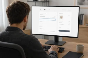 Person navigerer gennem en webshops checkout med tastaturet, hvor et inputfelt har synlig fokusmarkering