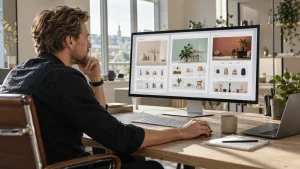 Webshopejer sammenligner tre AI-genererede forsider til sin webshop på en stor skærm