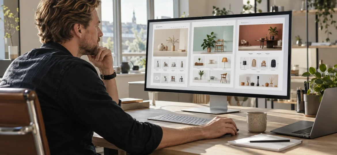 Webshopejer sammenligner tre AI-genererede forsider til sin webshop på en stor skærm