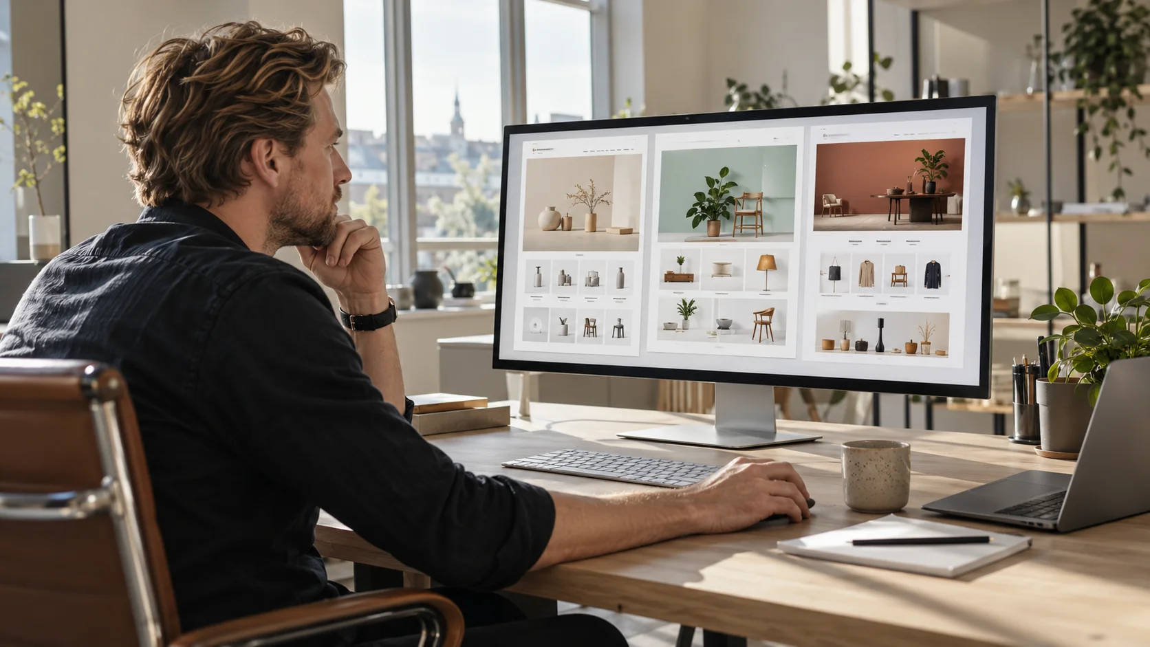 Webshopejer sammenligner tre AI-genererede forsider til sin webshop på en stor skærm